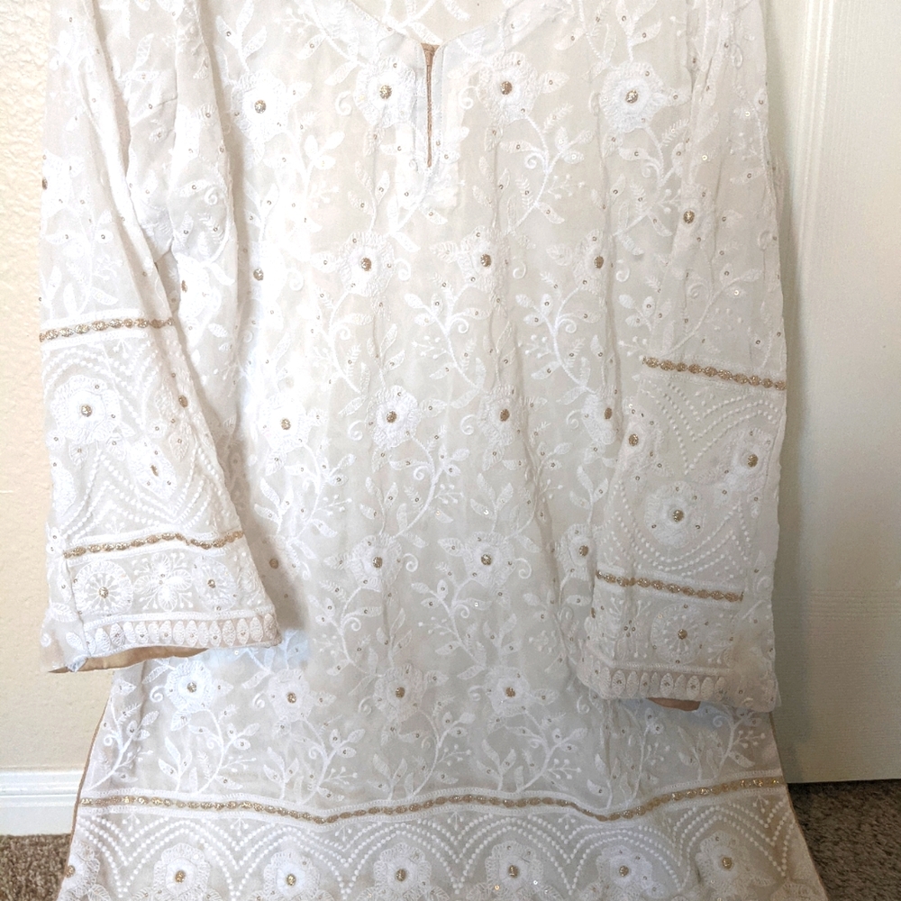Fully embroidered shirt white and gold embroidery new